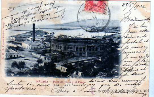 Postales: Malaga. Plaza de toros y el puerto. n&ordm;27. R. Alvarez Morales. Reverso sin dividir.