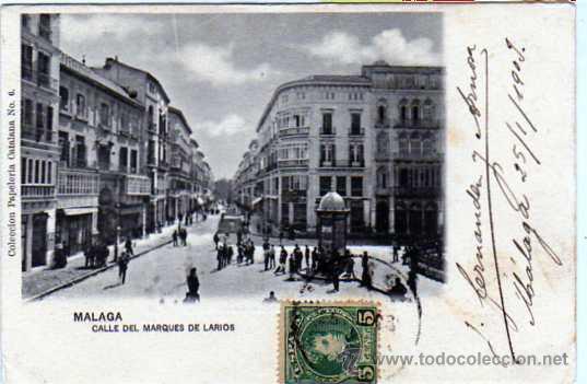 Postales: Malaga. Colecci&oacute;n papeleria catalana n&ordm;6. Calle del Marques de Larios. Reverso sin dividir. circulad