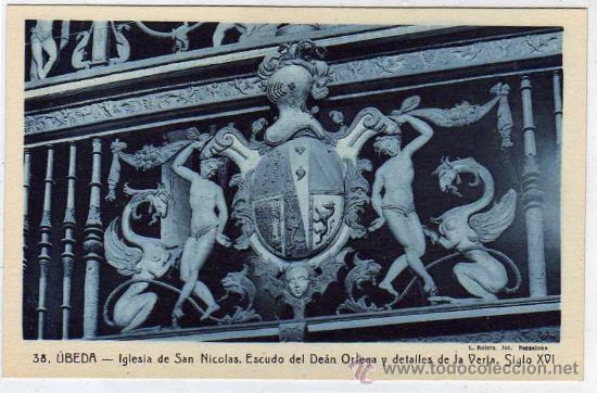 Postales: Jaen. n&ordm;38. Ubeda. Iglesia de San Nicolas. Escudo del Dean Ortega y detalle verja.  XVI. L.Roisin.