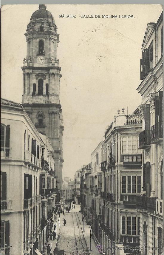 Postales: MALAGA CALLE E MOLINA LARIOS CIRCULADA A ESTADOS UNIDOS SELLO ALFONSO XIII