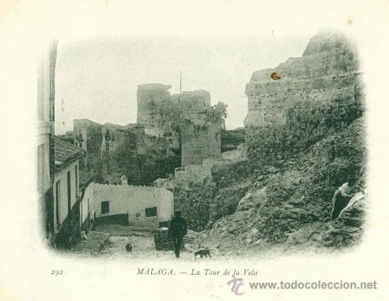 Postales: MALAGA. LA TORRE DE LA VELA.1903. BUQUE ESCUELA DUGUAY TROUIN.