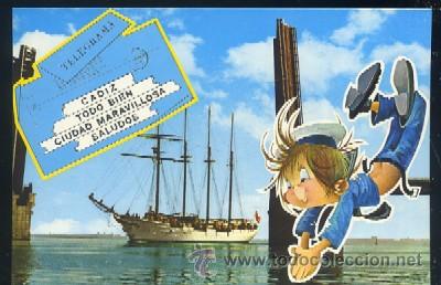 Postales: POSTAL DE CADIZ N&ordm; 102 EL JUAN SEBASTIAN ELCANO CRUZANDO EL PUENTE SOBRE LA BAHIA