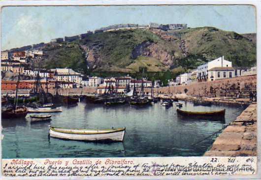 Postales: Purger 2394 Reverso sin dividir. Circulada Malaga. Puerto y castillo de Gibralfaro.