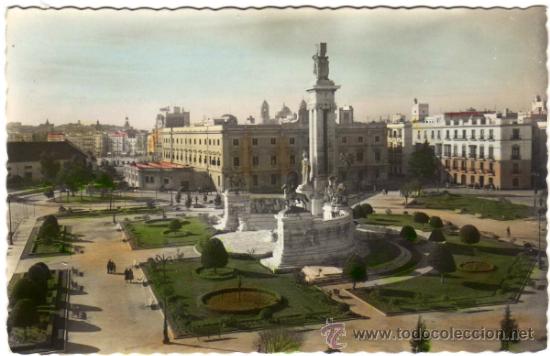 Postales: BONITA POSTAL - CADIZ - PLAZA DE ESPA&Ntilde;A Y MONUMENTO A LAS CORTES