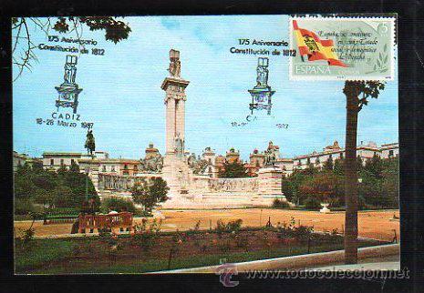 Postales: TARJETA POSTAL DE CADIZ - MONUMENTO A LAS CORTES DE 1812. 175 ANIVERSARIO. MATASELLOS EN TARJETA