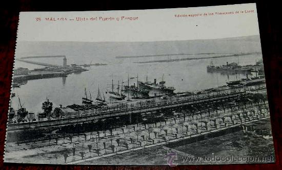 Postales: ANTIGUA POSTAL DE MALAGA, VISTA DEL PUERTO Y PARQUE, N. 35, EDICION ESPECIAL DE LOS ALMACENES DE LA