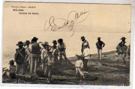Postales: Malaga. Escena de pesca. Hauser y Menet. Reverso dividido. Circulada.