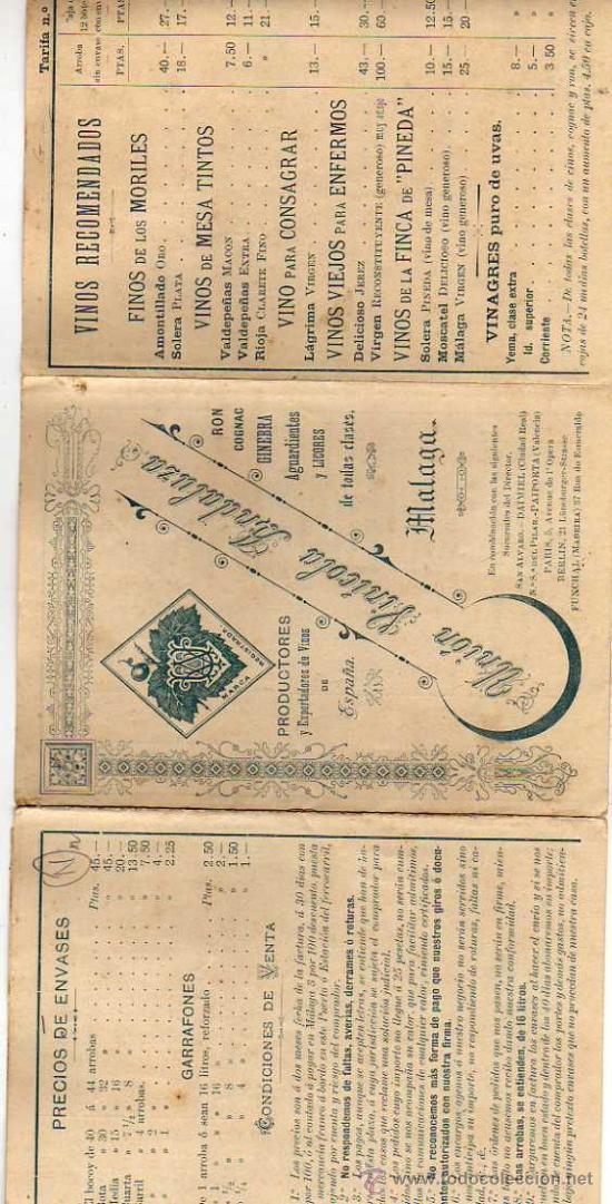 Postales: Vinos de Malaga. Tabla de precios y tipos. Etc Uni&oacute;n Vinicola andaluza.