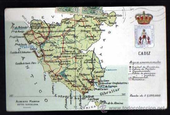 Postales: Mapa de C&aacute;diz.  Circulada 1913. - Foto 1