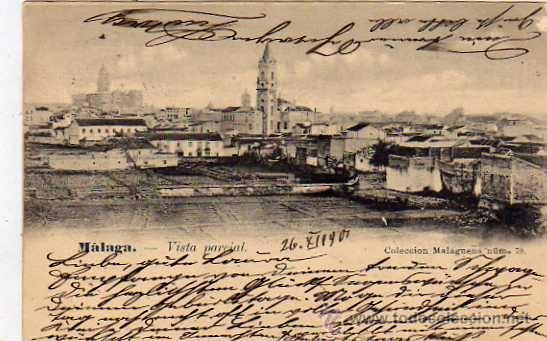 Postales: Málaga. Vista parcial. Colección malagueña 79. Reverso sin dividir. Circulada.