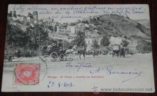 Postales: P&Ograve;STAL DE MALAGA, P.Z. 10579, EL PASEO Y CASTILLO DE GIBRALFARO, CICULADA EN 1906 Y SIN DIVIDIR, EXC