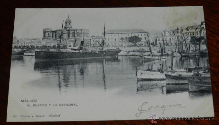Postales: ANTIGUA POSTAL DE MALAGA, EL PUERTO Y LA CATEDRAL, ED. HAUSER Y MENET, N. 1434, NO CIRCULADA, ESCRIT