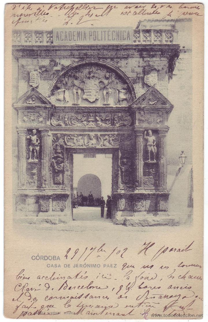 Postais: C&oacute;rdoba: Casa de Jer&oacute;nimo P&aacute;ez. Hauser y Menet. Reverso sin dividir. Circulada (1902)