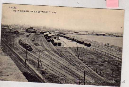 Cartoline: Cadiz Vista general de al Estaci&oacute;n y vias. Fototipia Hauser y Menet. Tren locomotora.