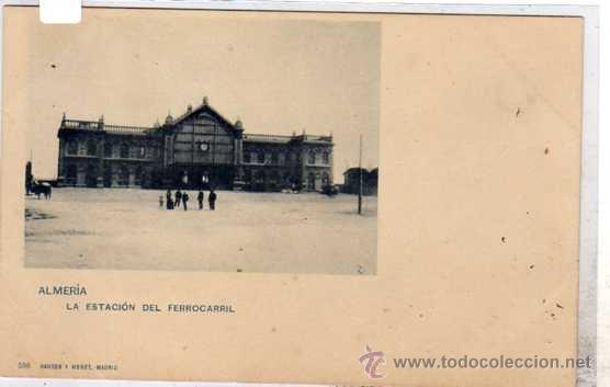 Postales: Almeria. La Estaci&oacute;n del Ferrocarril. Tren. 599 Hauser y Menet Serie general. Reverso 4 sin circular