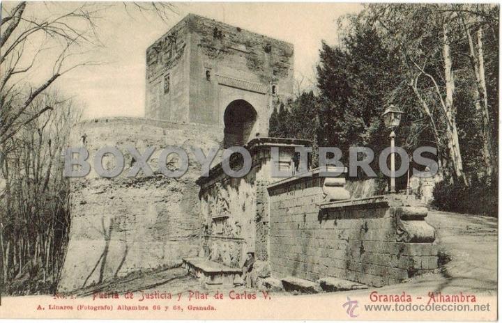 Postales: N&ordm; 1. Puerta de Justicia y Pilar de Carlos V. Granada-Alhambra. A. Linares (fot&oacute;grafo). No circulada
