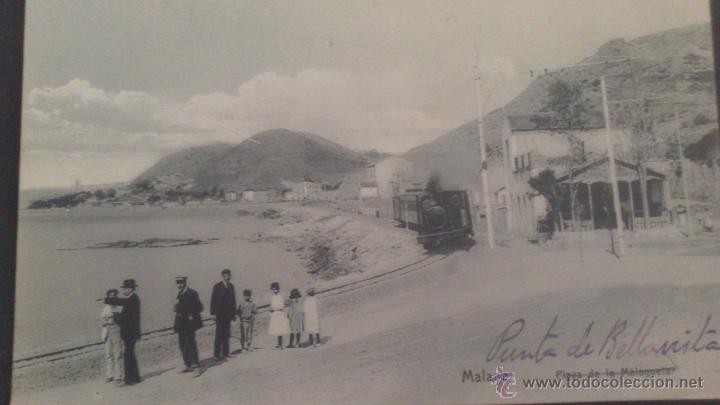 Postales: MALAGA, PLAYA DE LA MALAGUETA, PUNTA DE BELLAVISTA. (APEADERO, TREN)