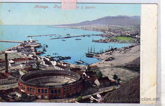 Postales: MALAGA Plaza de toros y puerto. Papeler&iacute;a Catalan n&ordm; 9 Purger 3405. Reverso sin dividir.