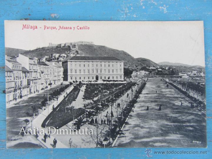 Postales: ANTIGUA POSTAL DE MALAGA - PARQUE ADUANA Y CASTILLO - EDICION DOMINGO DEL RIO - EN PERFECTO ESTADO -