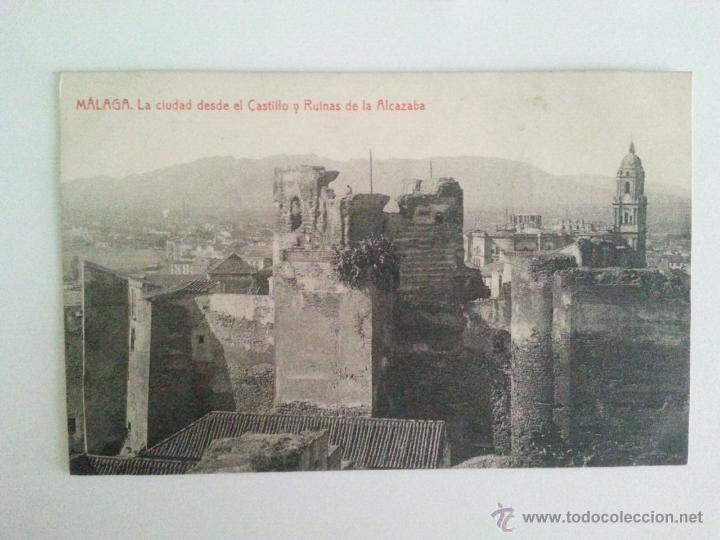 Postales: Postal Malaga, La ciudad desde el castillo y las ruinas de la alcazaba, Fototipia Thomas. Hacia 1915