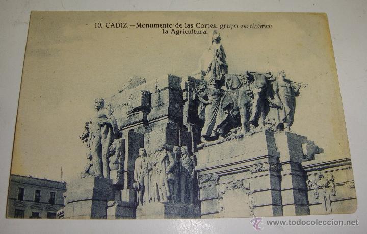 Postales: Antigua Postal. Monumento de las Cortes, grupo escult&oacute;rico la agricultura. Cadiz
