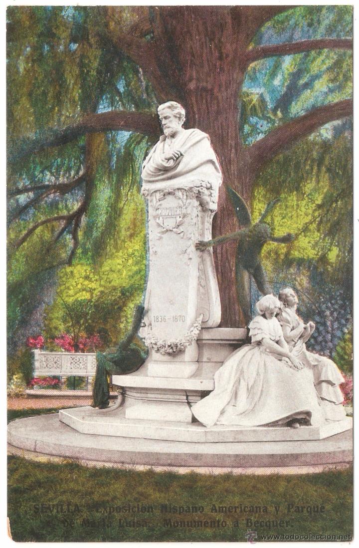 Postales: SEVILLA EXPOSICI&Oacute;N HISPANO AMERICANA Y PARQUE DE MAR&Iacute;A LUISA MONUMENTO A BECQUER