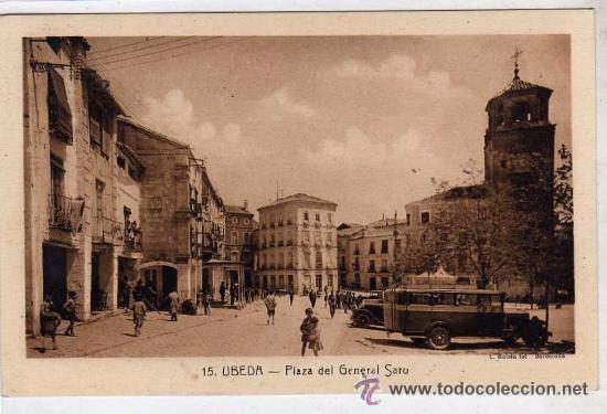 Postales: Ubeda. Jaen. n&ordm; 15. Plaza del General Saro. Autobus de &eacute;poca. L. Roisin.