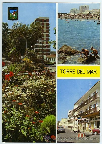Postales: N&ordm; 5 Torre del Mar. Costa del Sol. Jardines, Playa, Vista Parcial. Escudo de Oro. Ed. Dom&iacute;nguez.