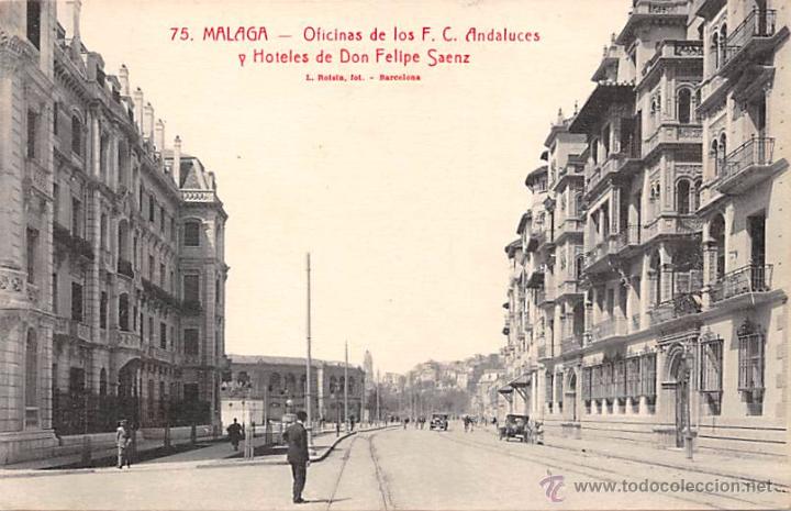 Postales: M&Aacute;LAGA.- OFICINAS DE LOS F.C. ANDALUCES Y HOTELES DE DON FELIPE SAENZ