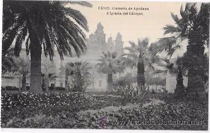 Cartoline: TARJETA POSTAL DE CADIZ. ALAMEDA DE APODACA &Eacute; IGLESIA DEL CARMEN.