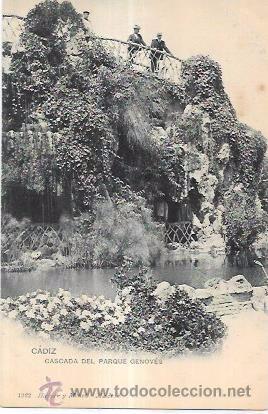 Cartoline: TARJETA POSTAL DE CADIZ. CASCADA DEL PARQUE GENOV&Eacute;S. HAUSER Y MENET.
