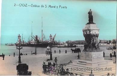 Postkarten: TARJETA POSTAL DE CADIZ. ESTATUA DE S. MORET Y PUERTO.