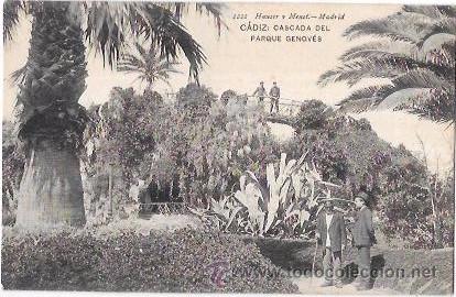 Postcards: TARJETA POSTAL DE CADIZ. CASCADA DEL PARQUE GENOV&Eacute;S. HAUSER Y MENET.