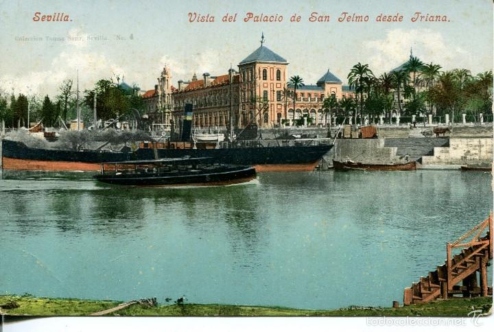 Postales: SEVILLA-PALACIO DE SAN TELMO DESDE TRIANA-BARCOS.-PURGER 4735.