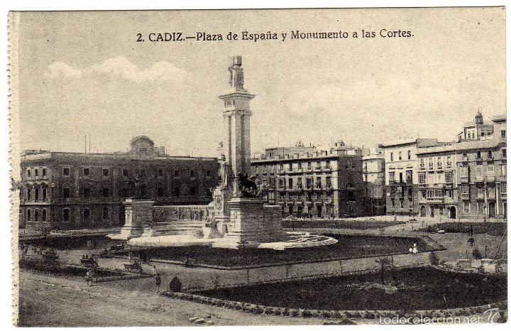 Postkarten: BONITA POSTAL - CADIZ - PLAZA DE ESPA&Ntilde;A Y MONUMENTO A LAS CORTES