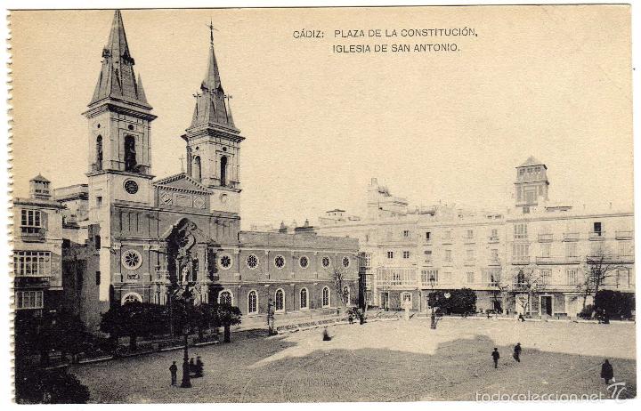 Postkarten: BONITA POSTAL - CADIZ - PLAZA DE LA CONSTITUCION - IGLESIA DE SAN ANTONIO - AMBIENTADA