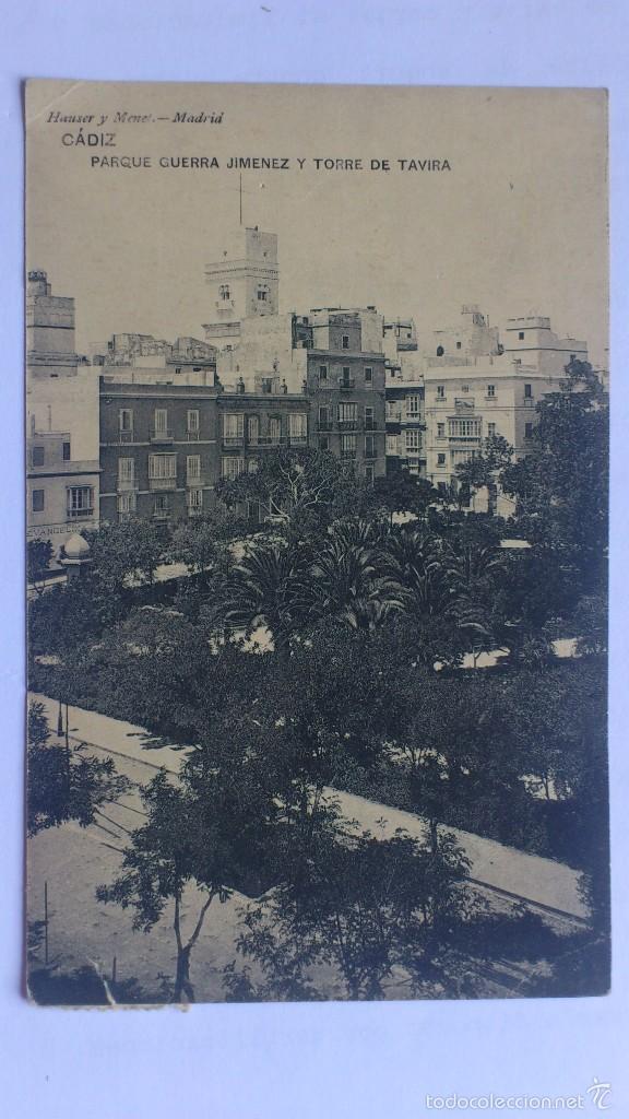 Postales: POSTAL CADIZ - PARQUE GUERRA JIMENEZ Y TORRE DE TAVIRA, HAUSER Y MENET, CIRCULADA