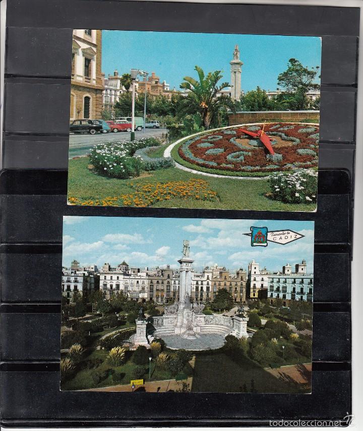 Postales: CADIZ. PLAZA DE ESPA&Ntilde;A Y RELOJ DE FLORES. 2 POSTALES DIVERSAS
