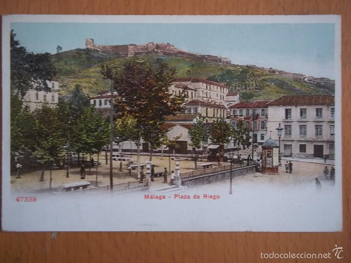 Postales: POSTAL MALAGA. PLAZA DE RIEGO. 47339. ORIGINAL DE &Eacute;POCA. SIN DIVIDIR.