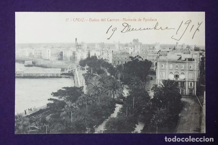 Cartoline: POSTAL DE CADIZ. N&deg;17 BA&Ntilde;OS DEL CARMEN - ALAMEDA DE APODACA. A&Ntilde;O 1917.