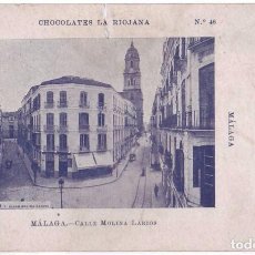 Postales: MÁLAGA: CALLE MOLINA LARIOS. CHOCOLATES LA RIOJANA. SIN DIVIDIR. NO CIRCULADA (ANTERIOR A 1905)