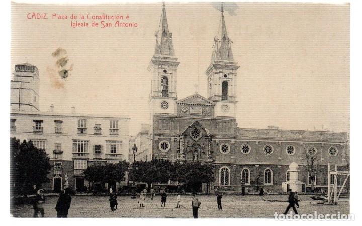 Postkarten: TARJETA POSTAL ,CADIZ ,PLAZA DE LA CONSTITUCION E IGLESIA DE SAN ANTONIO.FOTOTIPIA THOMAS.