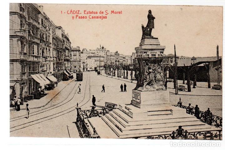 Postkarten: TARJETA POSTAL ,CADIZ ,ESTATUA DE MORET Y PASEO CANALEJAS. FOTOTIPIA THOMAS.