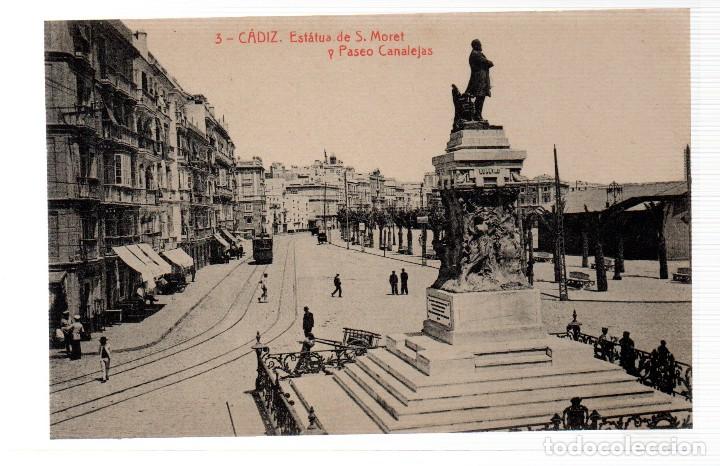 Postkarten: TARJETA POSTAL ,CADIZ ,ESTATUA DE MORET Y PASEO CANALEJAS. FOTOTIPIA THOMAS.