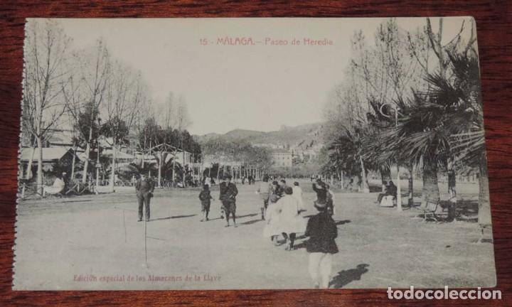 Postales: POSTAL DE MALAGA, PASEO DE HEREDIA. ED. ESPECIAL DE ALMACENES LA LLAVE N&ordm; 15. NO CIRCULADA.
