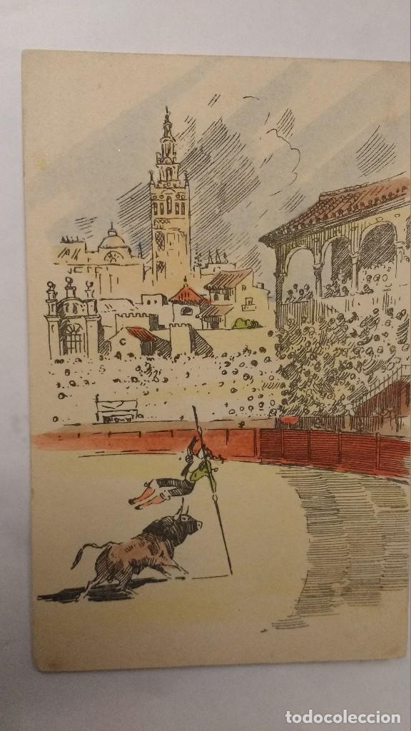 Postales: plaza de toros, escena de toreo, Giralda de Sevilla al fondo
