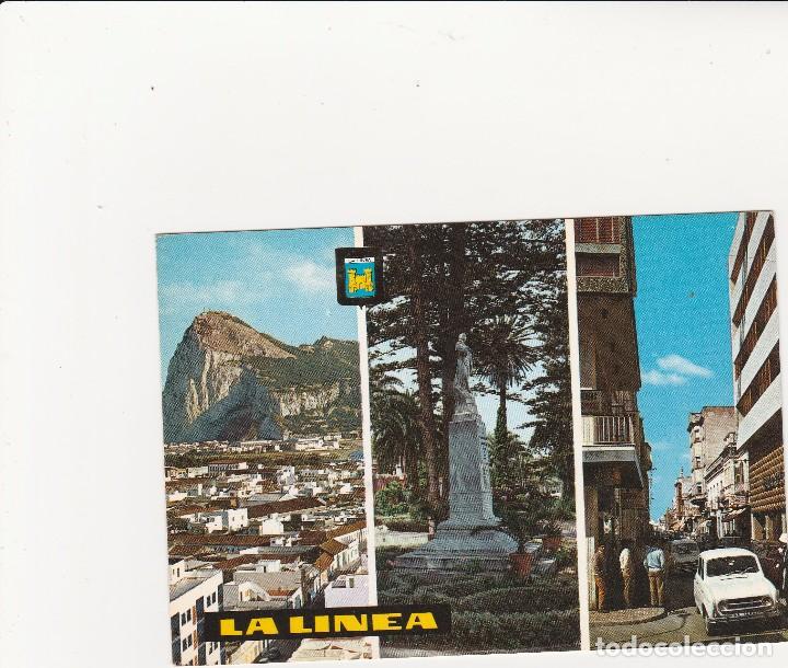 Postales: POSTAL DE LA LINEA.VISTA DEL PE&Ntilde;ON DE GIBRALTAR.JARDINESCALLE J.ANTONIO  N&ordm;53 ESCUDO DE ORO