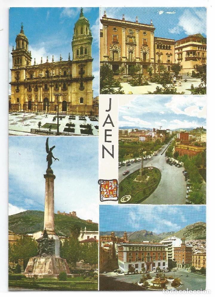 Postales: JAEN .- FACHADA CATEDRAL Y PLAZA SANTA MARIA .- AVDA. GENERALISIMO .- MONUMENTO BATALLAS