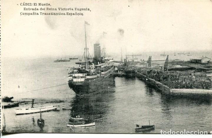 Postkarten: C&Aacute;DIZ-EL MUELLE-ENTRADA DEL VAPOR REINA VICTORIA EUGENIA-CIA TRAST ESPA&Ntilde;OLA-HAUSER