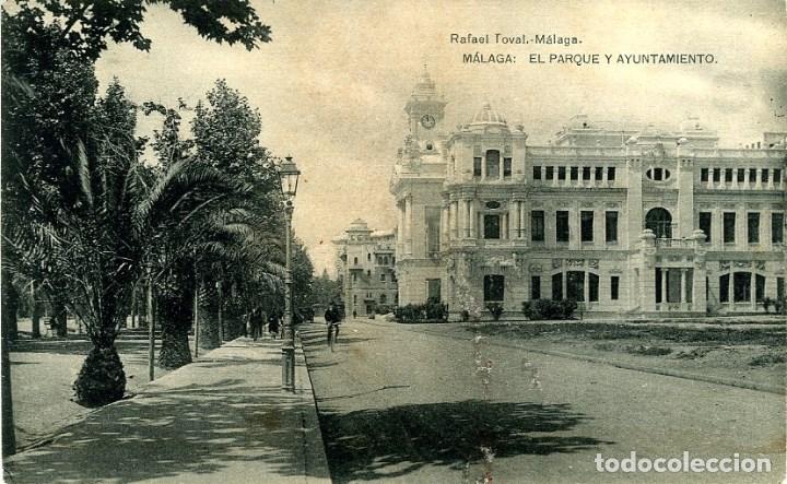 Postales: MALAGA. EL PARQUE Y AYUNTAMIENTO. HAUSER Y MENET PARA RAFAEL TOVAL, DE MALAGA
